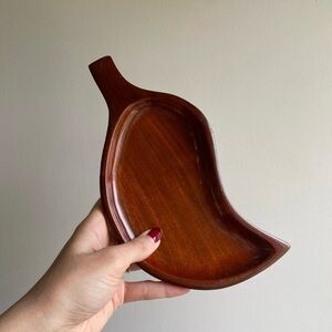 Handmade Teak Wood Tray Catchall MCM Platter Boho Ring Dish Carved Leaf Hawaii